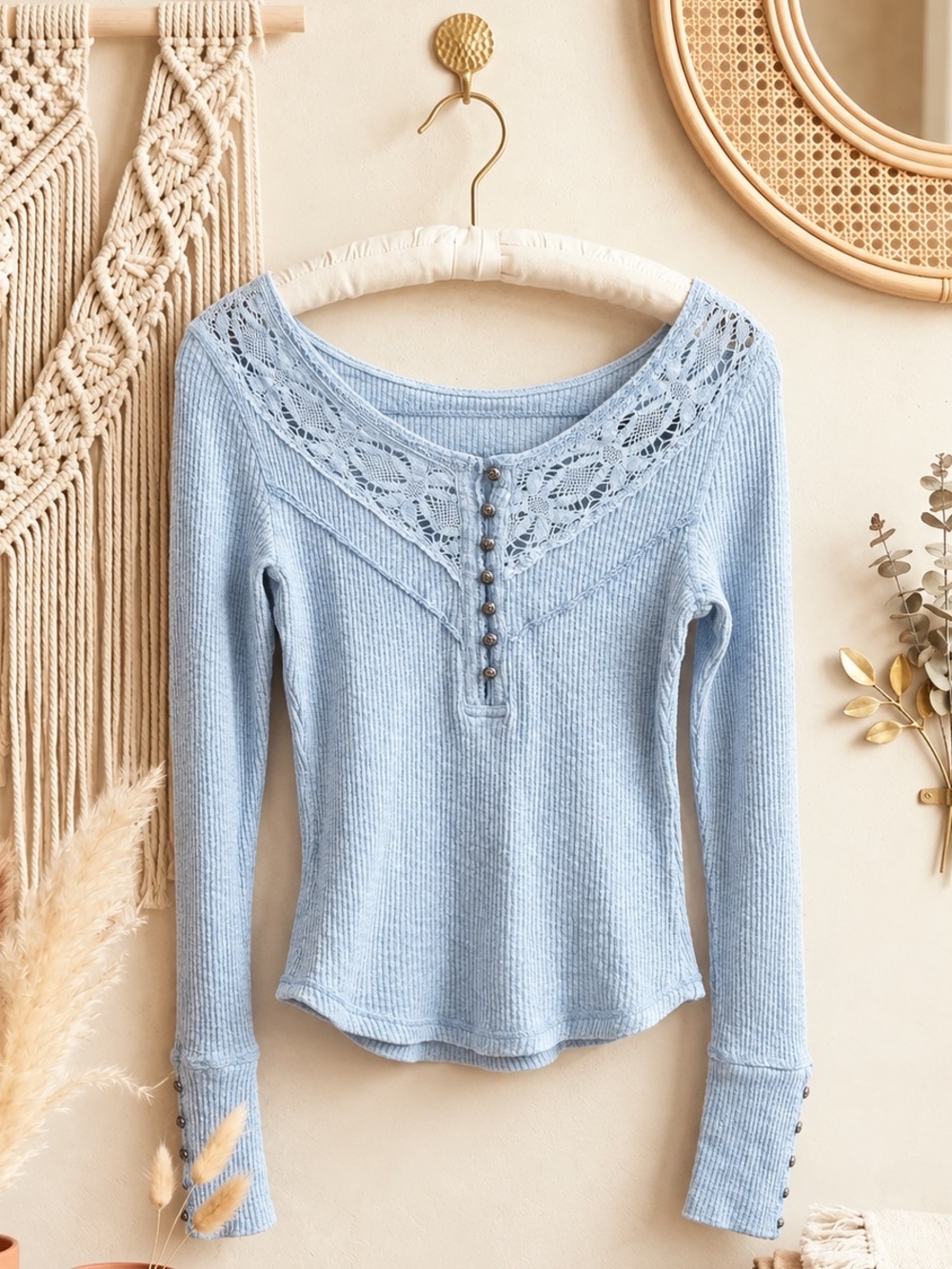 Free People Come On Over Pale Blue Lace-Trim Henley Ribbed Long Sleeve Top